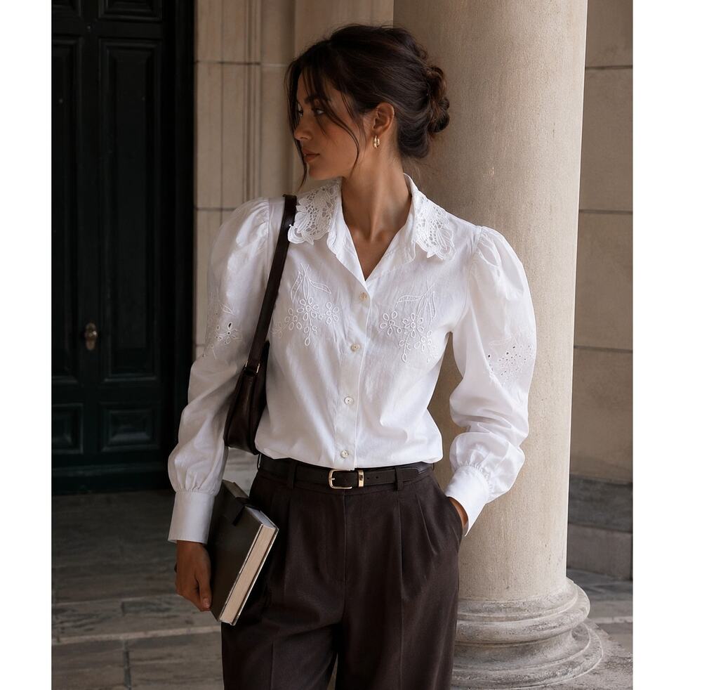Aleeza Paris White Eyelet Embroidered Blouse Womens S Puff Sleeve Coquette Top